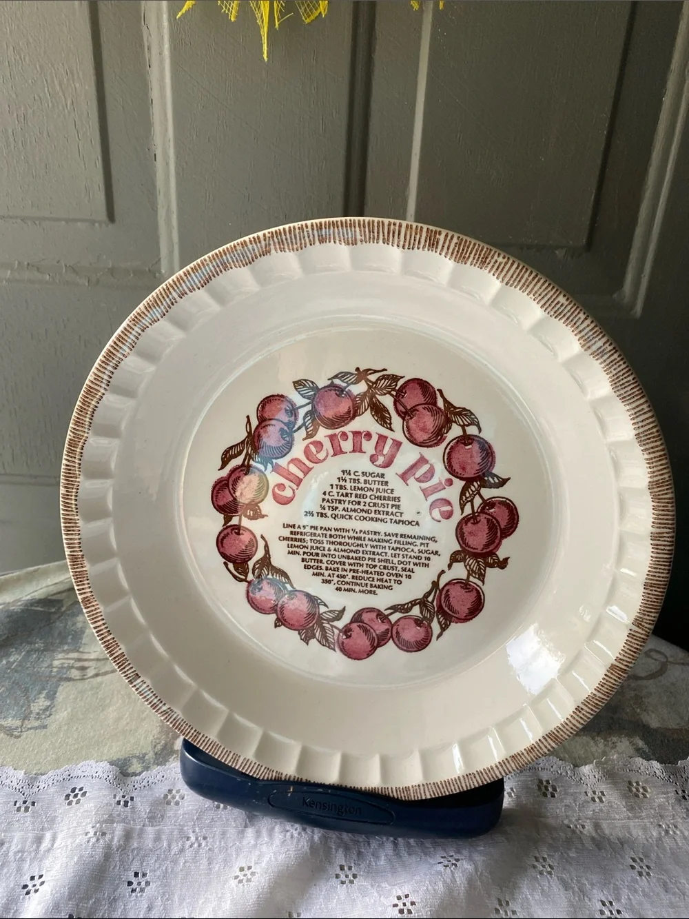Vintage Cherry Pie Recipe Ceramic Stoneware Pie Plate Dish Made in USA
